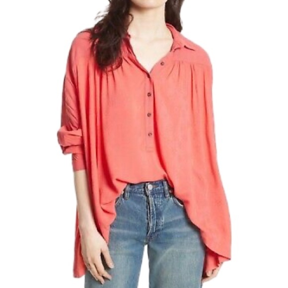 Free People Lovely Day Button Down Flowy Tunic | Red/Pink | Size Small - Picture 2 of 10